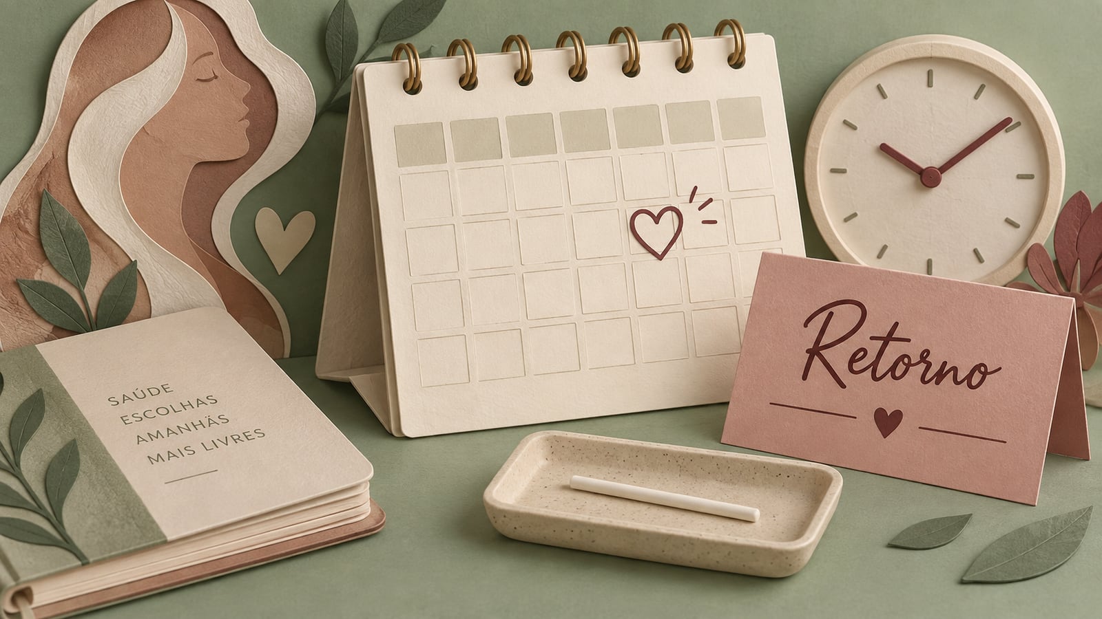Ilustração de implante contraceptivo, relógio e calendário para lembrar a data de retorno.