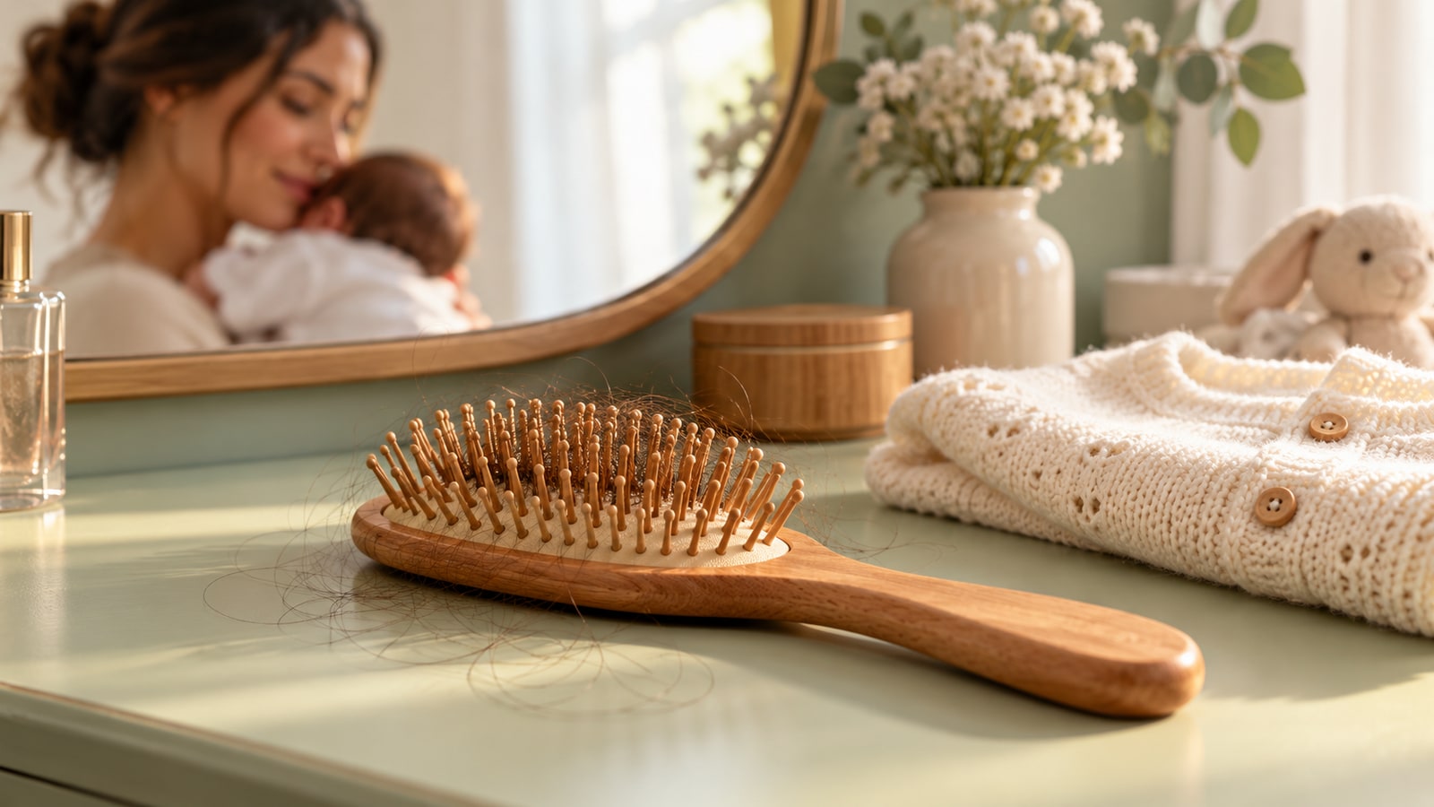 Composição delicada com escova de cabelo e alguns fios ao lado de uma roupa de bebê.