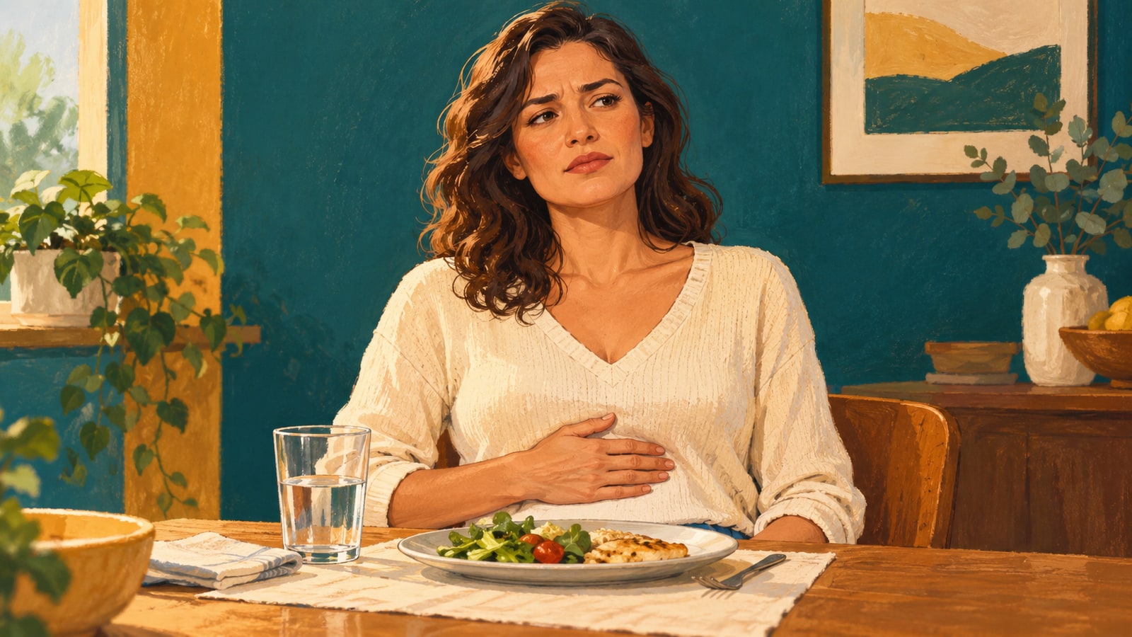 Ilustração editorial de mulher com desconforto na parte alta do abdome após uma refeição.