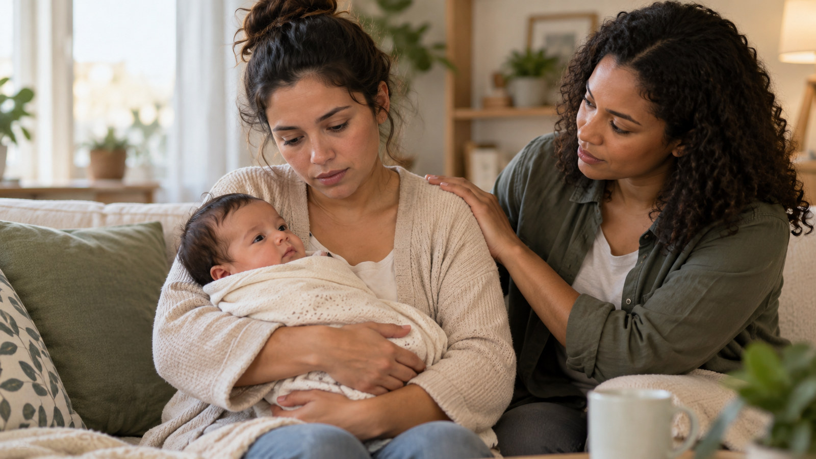 Mãe com um bebê nos braços recebe apoio de uma pessoa próxima.