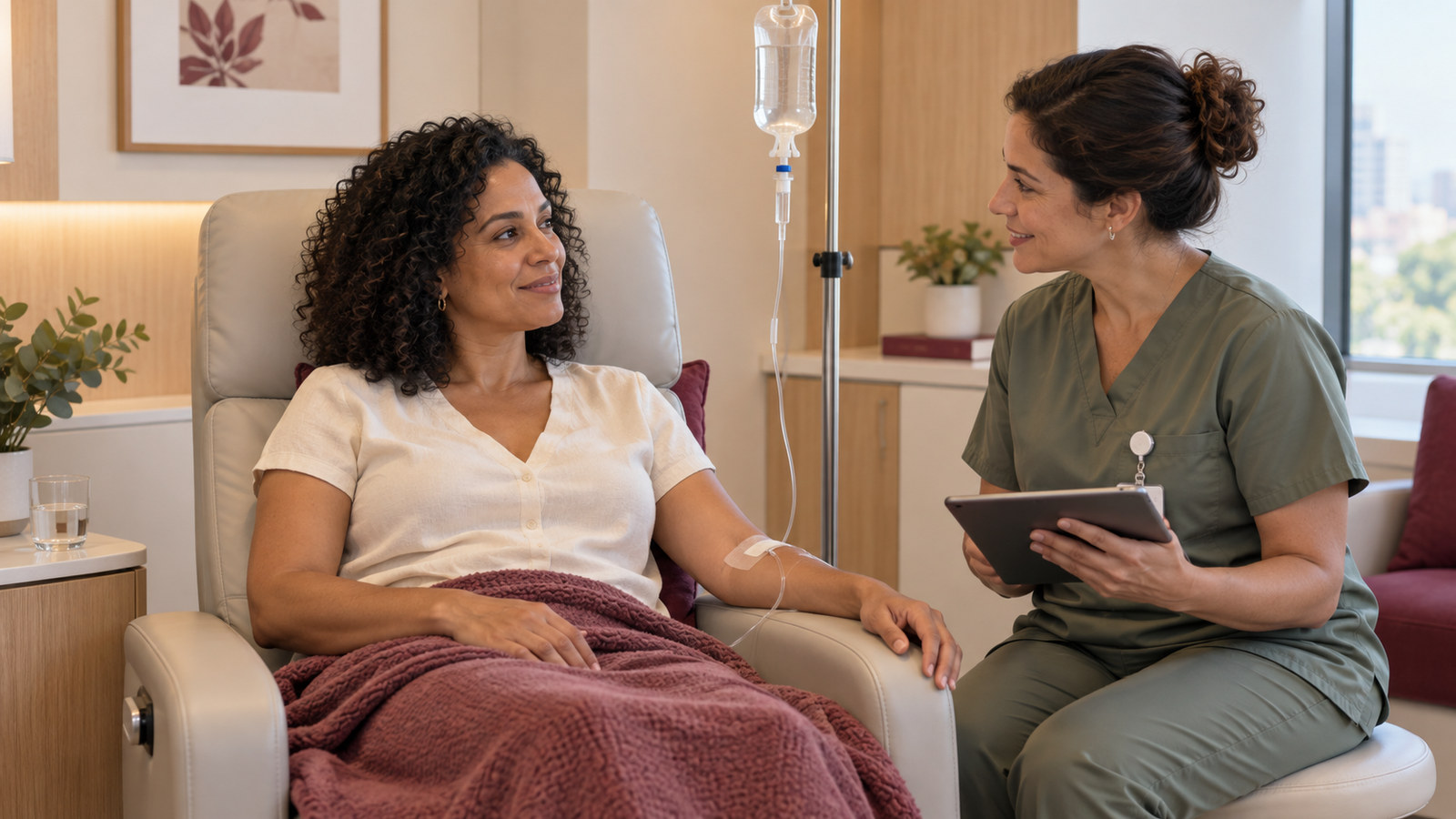 Paciente adulta acomodada em poltrona recebe acompanhamento de uma profissional de saúde durante uma infusão em ambiente clínico.