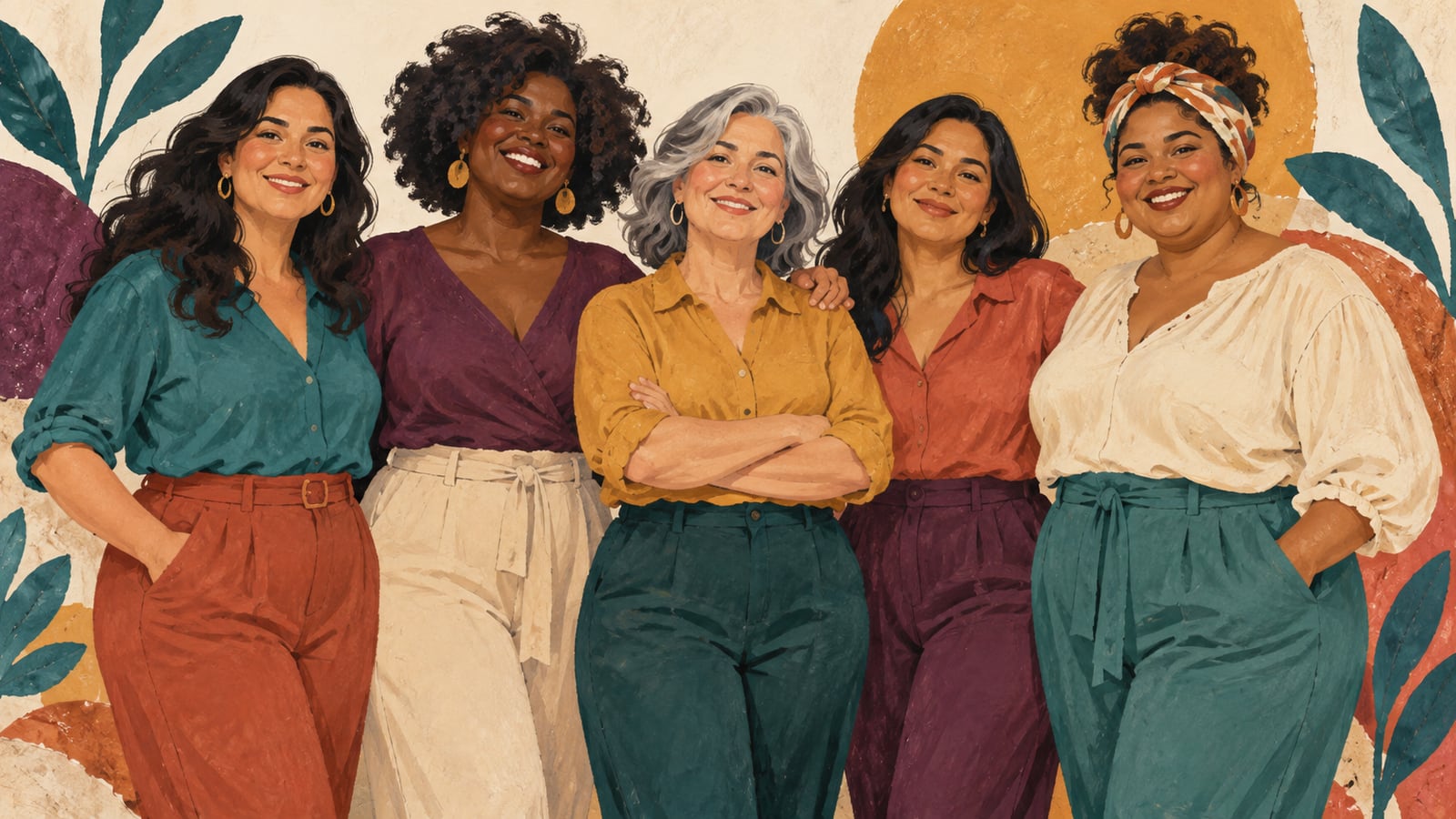 Ilustração de mulheres adultas com diferentes idades e características, valorizando a diversidade.