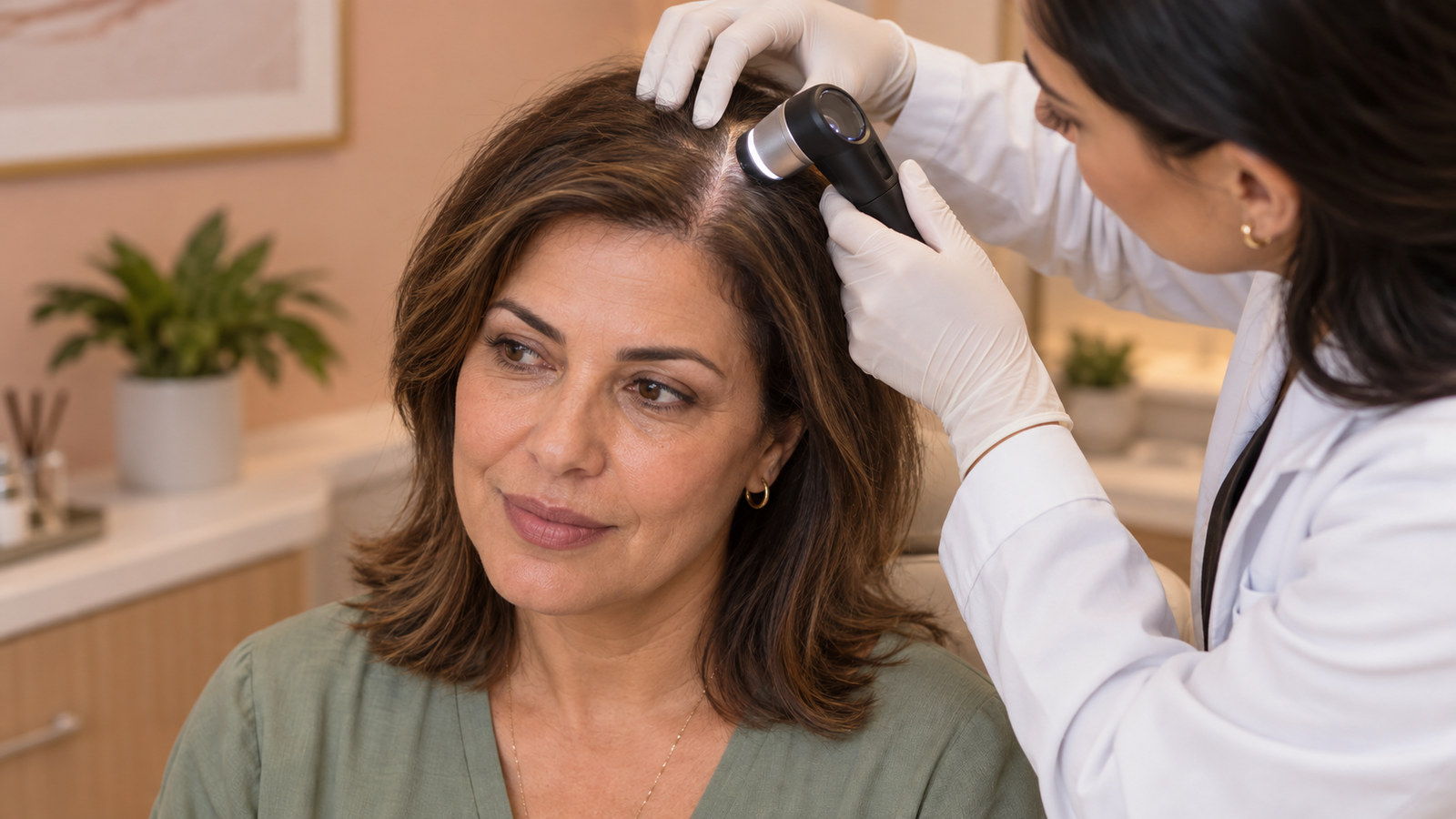 Profissional examina a linha do cabelo de uma mulher com rarefação discreta.