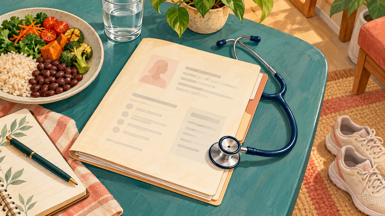 Ilustração de elementos do acompanhamento médico, alimentação e atividade física.