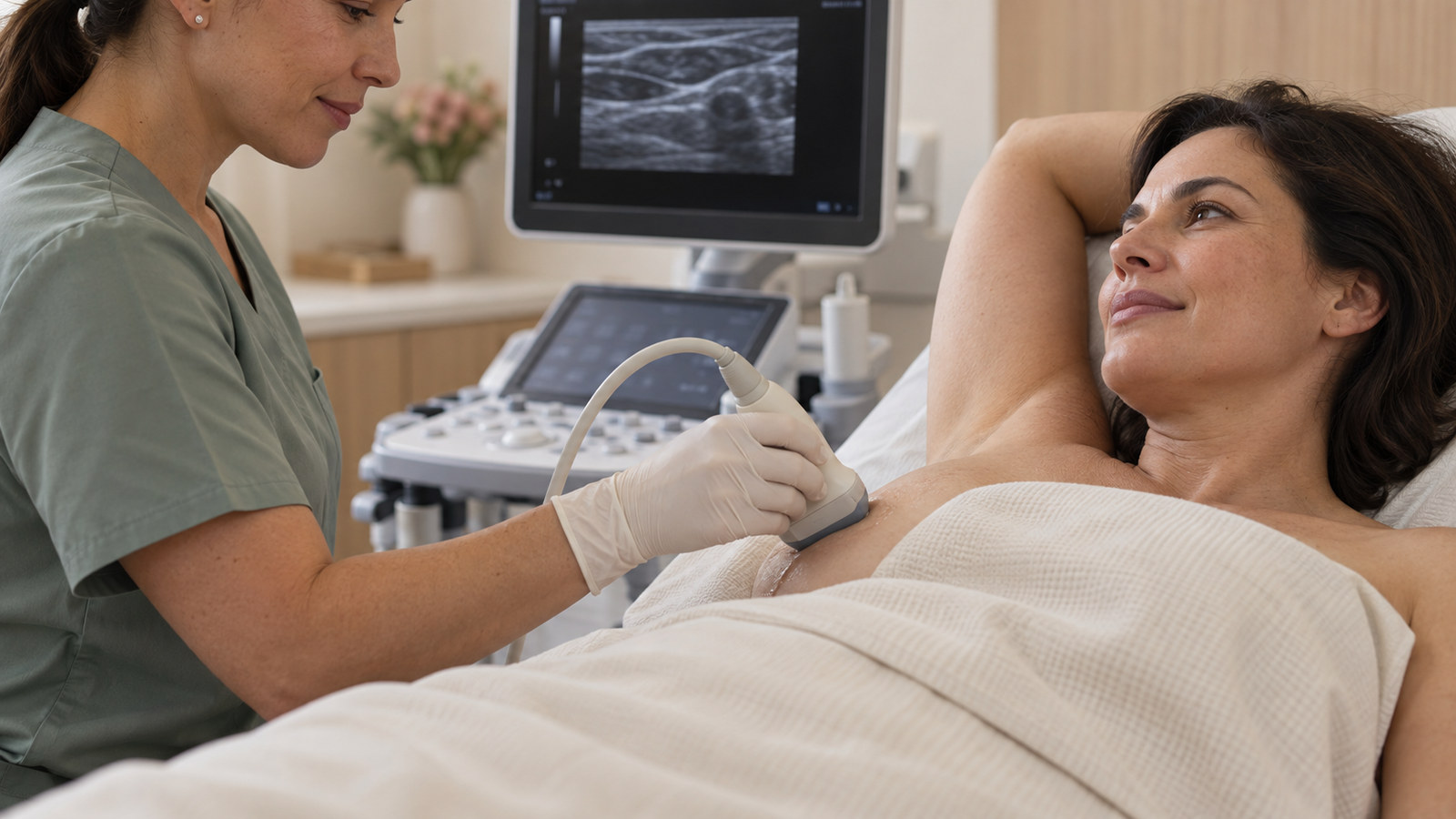Profissional realiza ultrassom na região lateral da mama de uma paciente, com o restante do tórax protegido por um lençol.