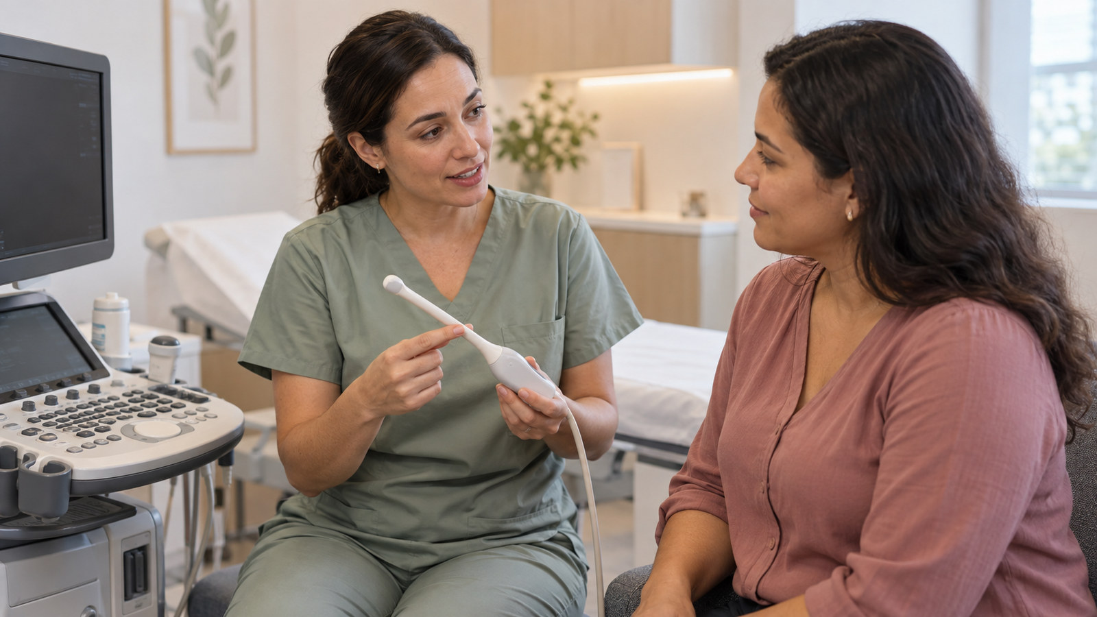 Médica apresenta o transdutor de ultrassom transvaginal a uma paciente durante a orientação antes do exame.
