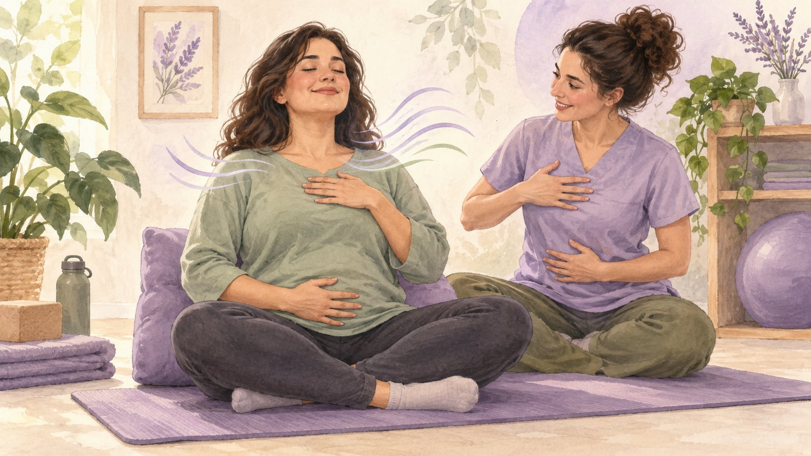 Aquarela de respiração e relaxamento com acompanhamento de fisioterapeuta pélvica.