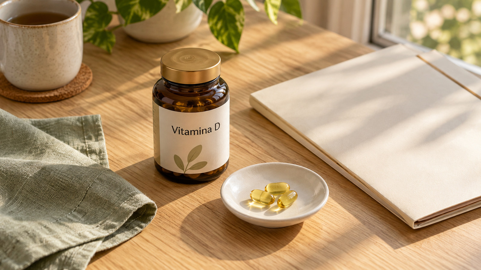 Frasco de vitamina D e cápsulas sobre uma mesa clara com luz natural, junto de uma pasta de acompanhamento de saúde.