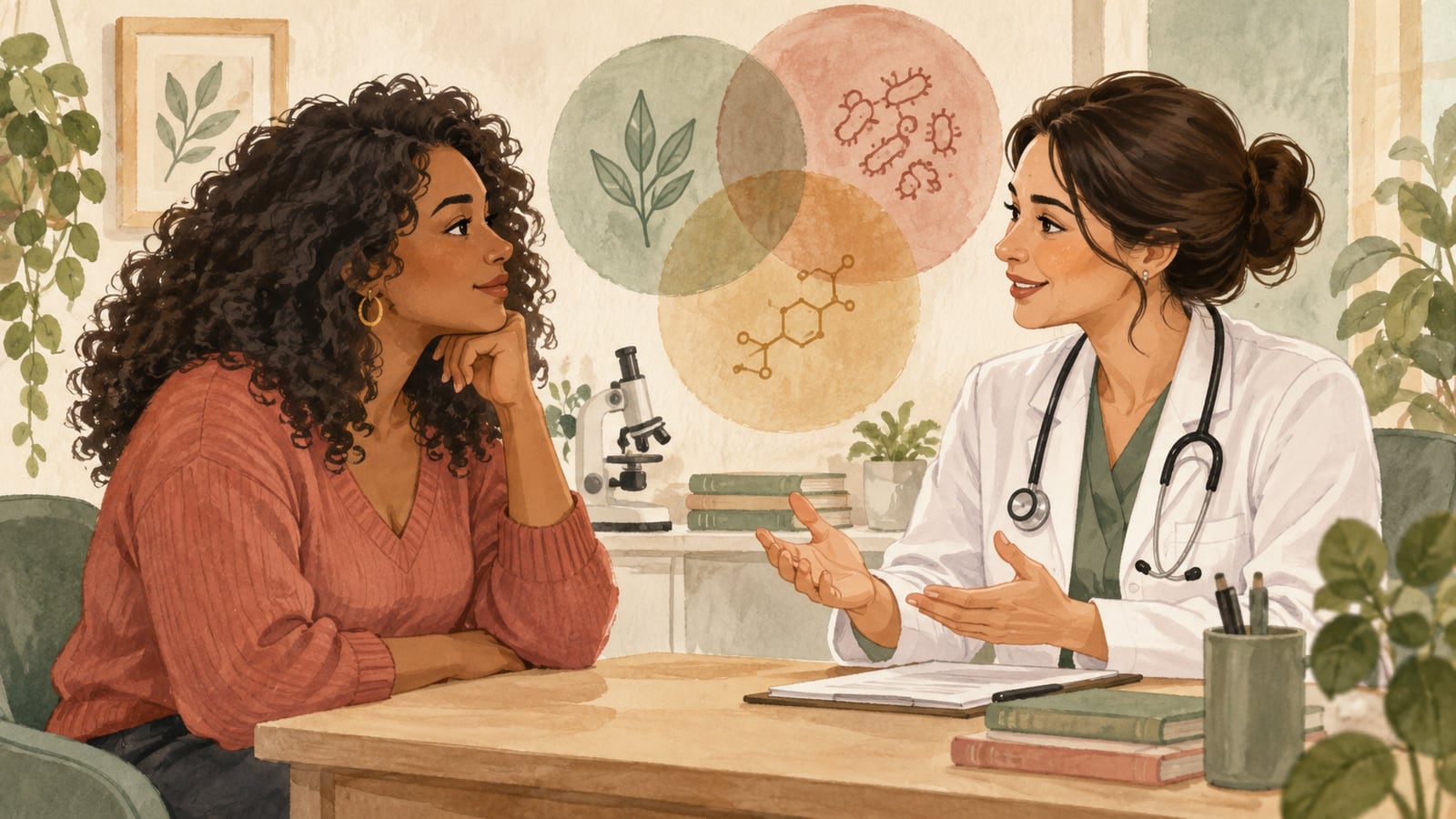 Ilustração de avaliação ginecológica e investigação das diferentes causas de sintomas.
